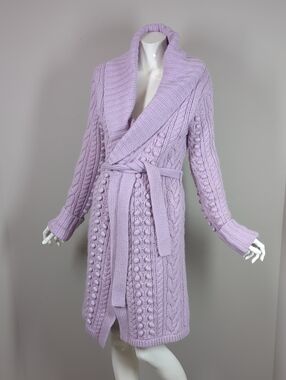 Marciano Lavender Cable-Knit Long Belted Cardigan Wool Small Sparkle